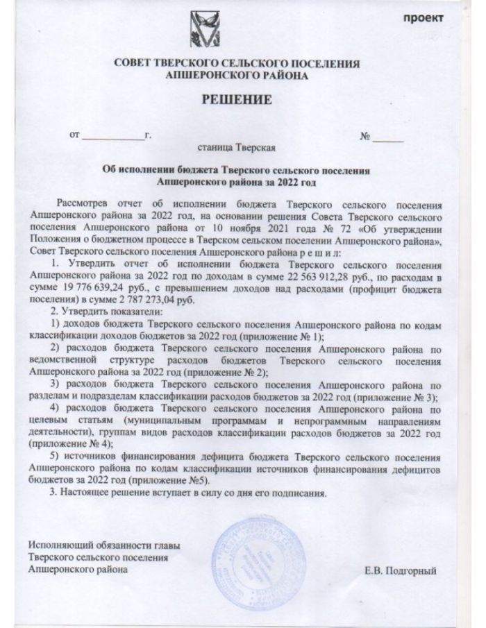 Об исполнении бюджета Тверского сельского поселения Апшеронского района за 2022 год