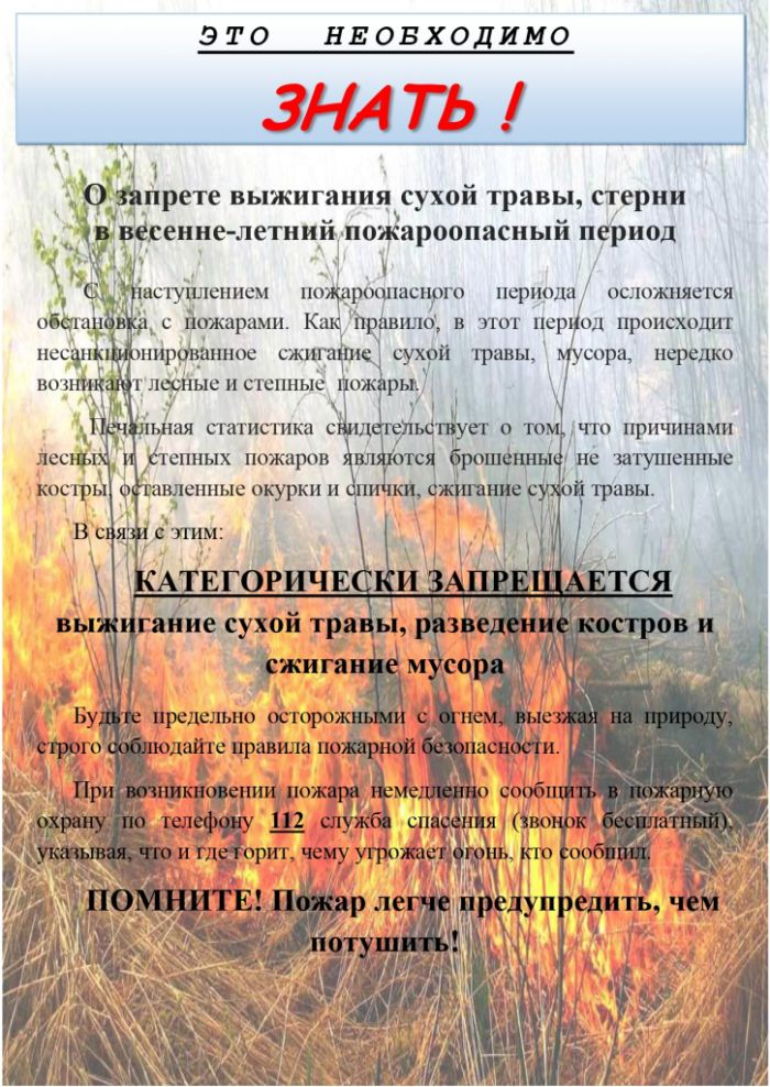 О запрете выжигания сухой травы, стерни в весенне-летний пожароопасный период