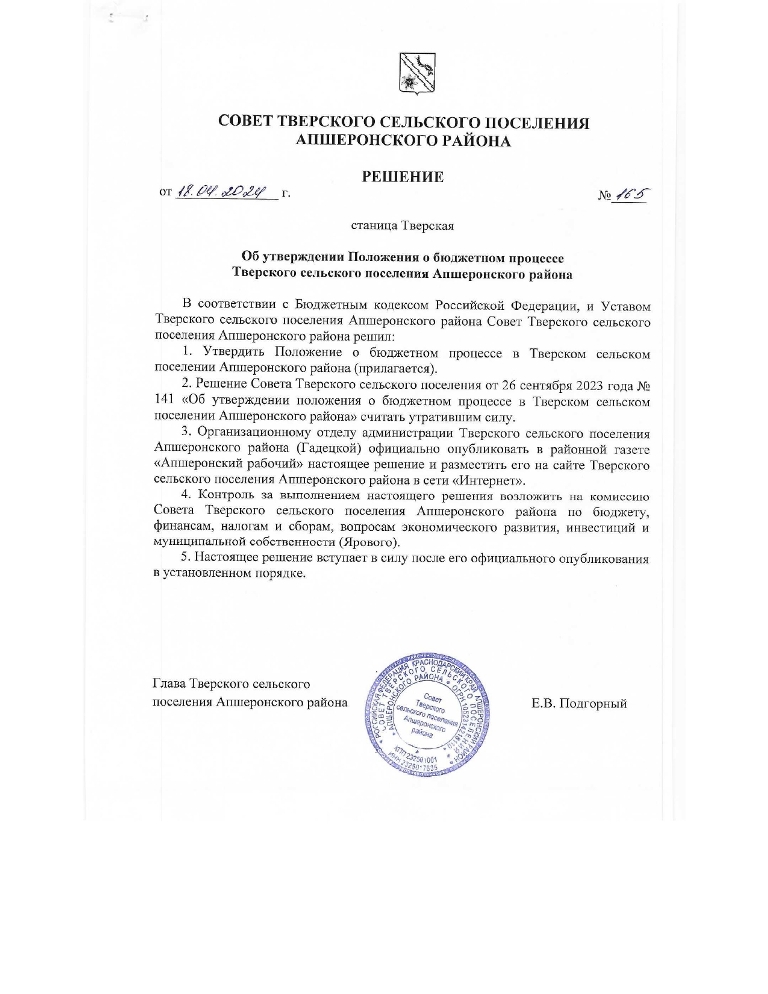 Об утверждении Положения о бюджетном процессе Тверского сельского поселения Апшеронского района